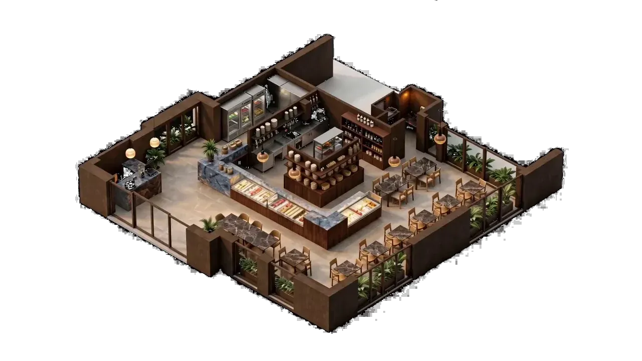 Render di un locale completo, allestito e pronto all'uso.
