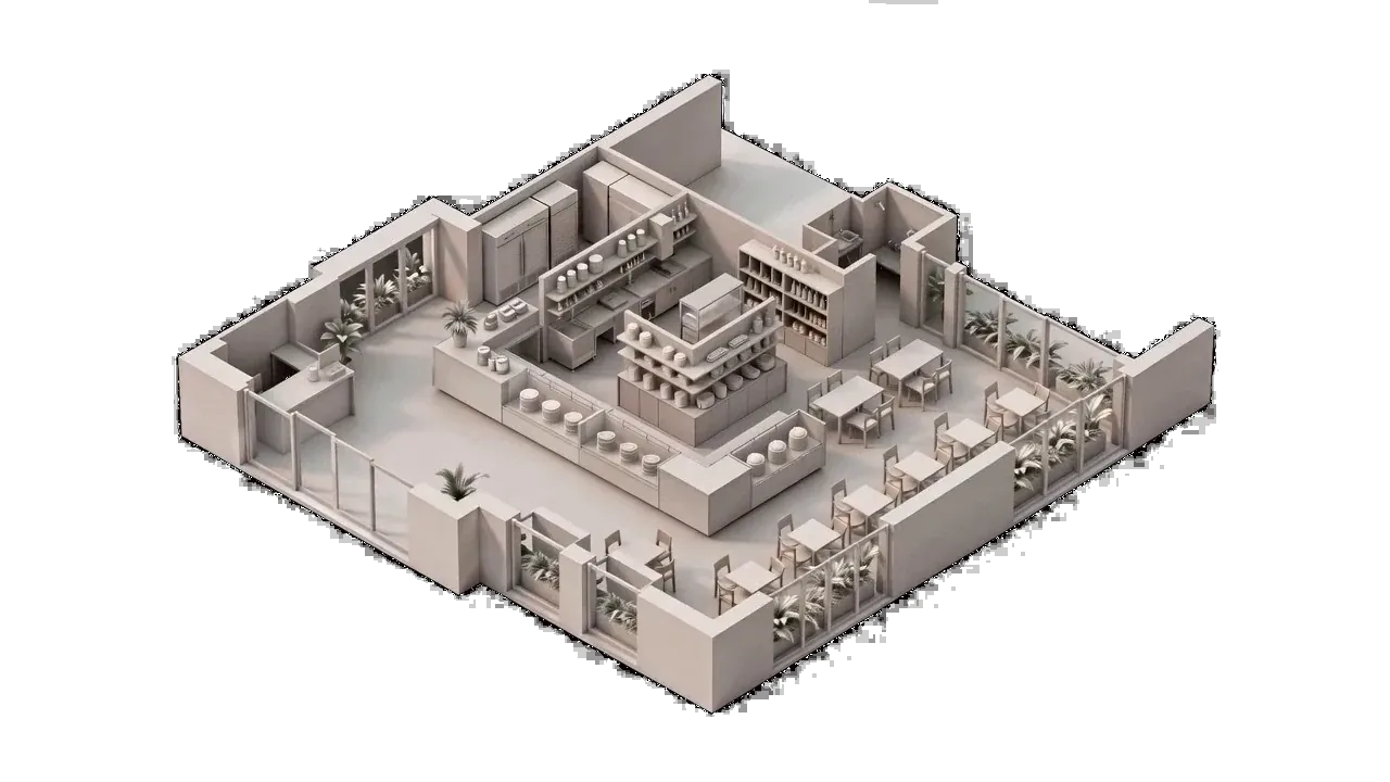 Modello 3D del locale con arredi e attrezzature definiti.